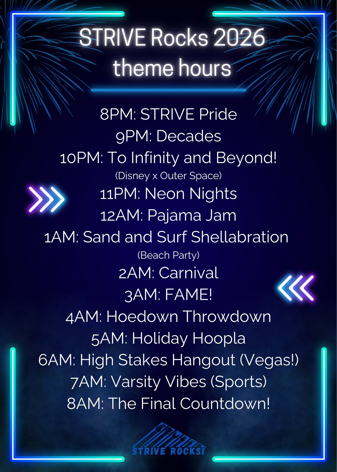 STRIVE ROCKS 2026 theme hours poster