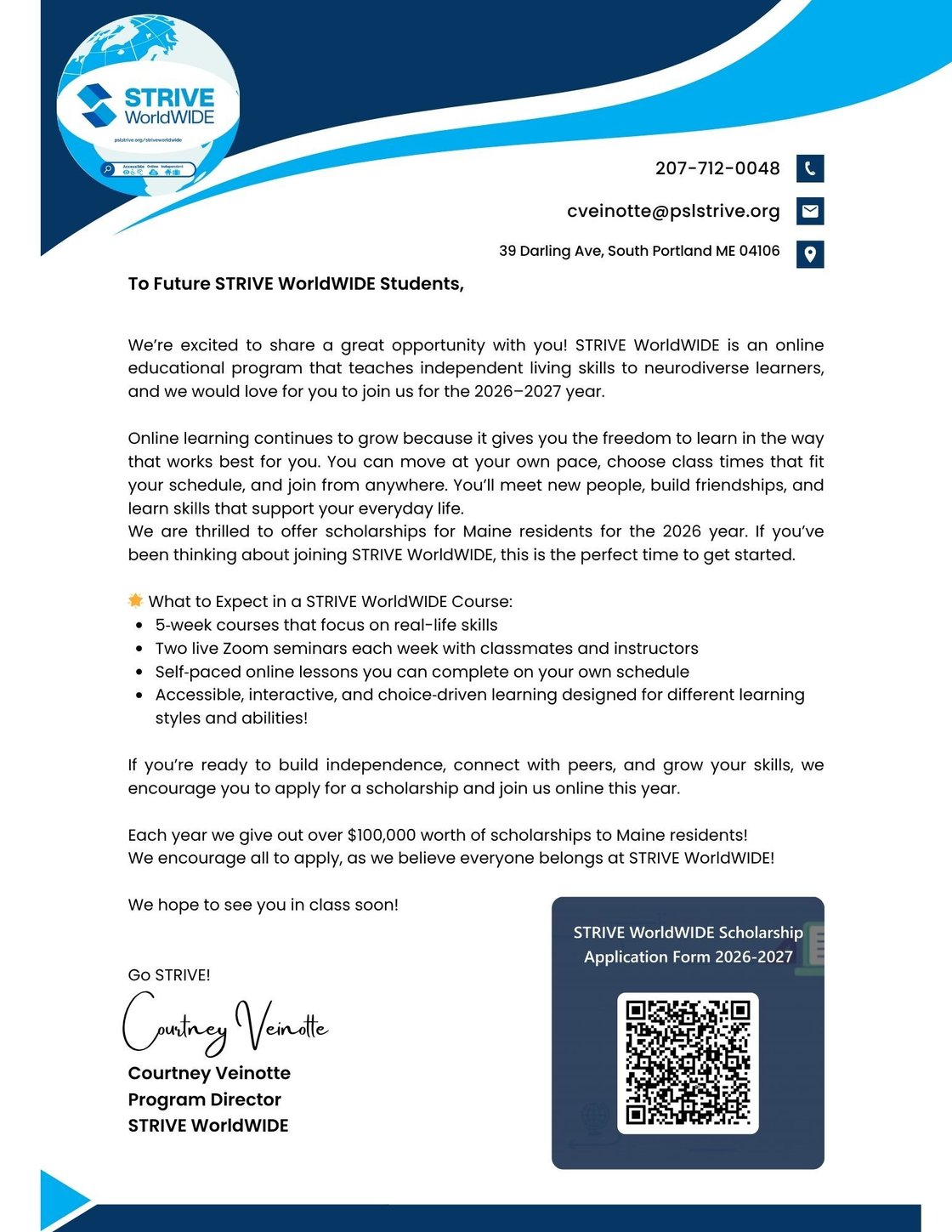 SWW Maine Scholarship Letter 2026-2027